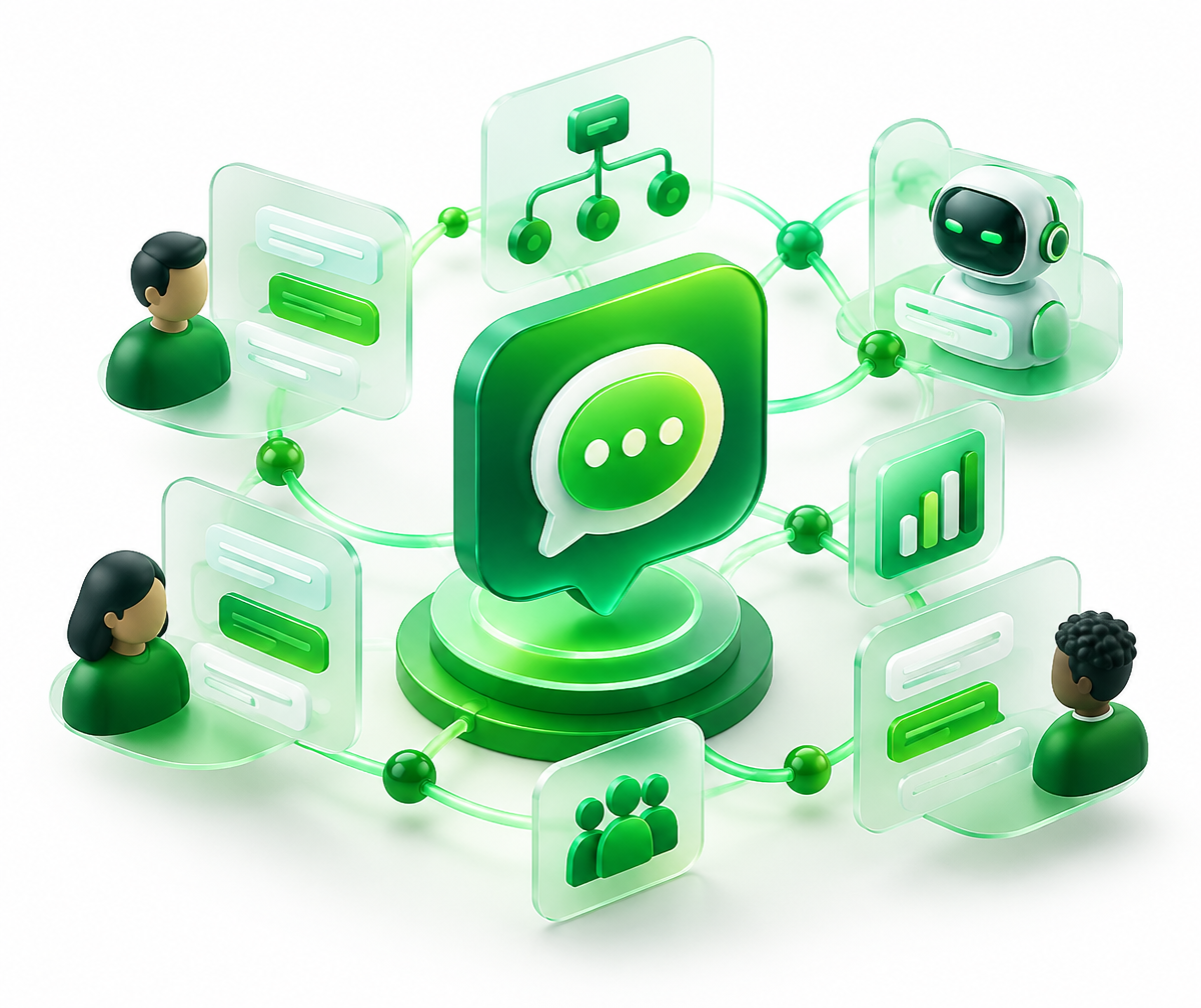 Representação tridimensional de uma operação conectada de atendimento
